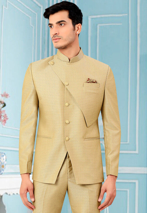 Woven Terry Rayon Jacquard Jodhpuri Jacket in Beige