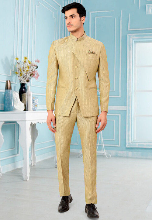 Woven Terry Rayon Jacquard Jodhpuri Jacket in Beige