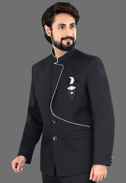 Woven Terry Rayon Jacquard Jodhpuri Jacket in Black