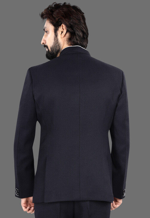 Woven Terry Rayon Jacquard Jodhpuri Jacket in Black