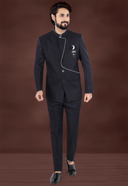 Woven Terry Rayon Jacquard Jodhpuri Jacket in Black