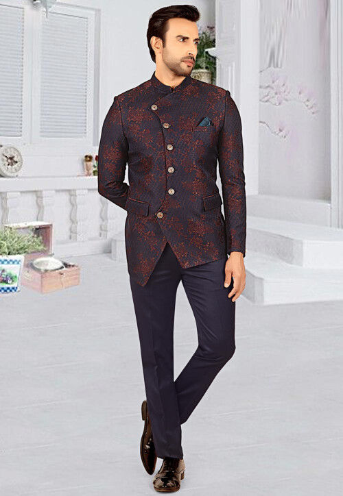 Woven Terry Rayon Jacquard Jodhpuri Suit in Navy Blue MHG2514