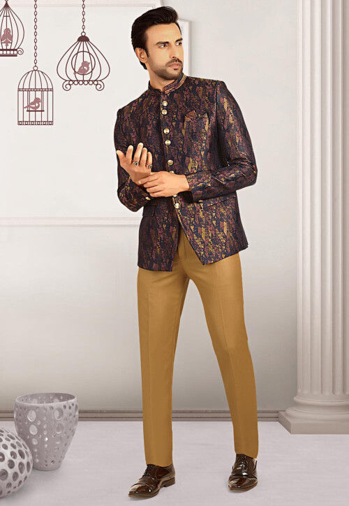 Woven Terry Rayon Jacquard Jodhpuri Suit in Navy Blue : MHG2397