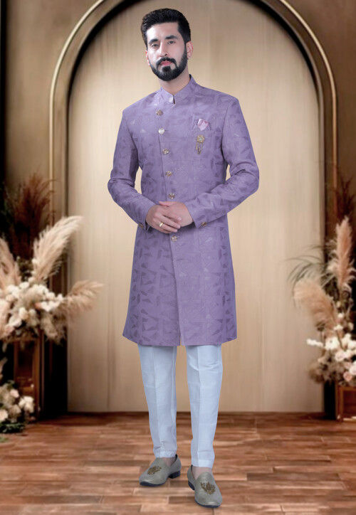 Woven Terry Rayon Jacquard Sherwani in Light Purple