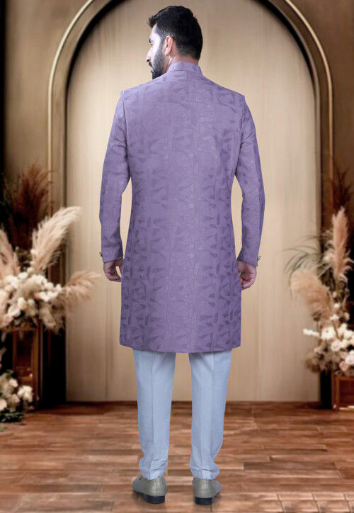 Woven Terry Rayon Jacquard Sherwani in Light Purple