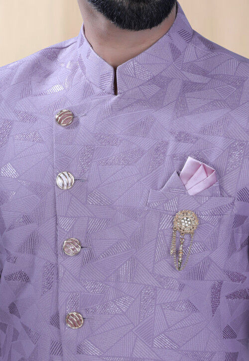 Woven Terry Rayon Jacquard Sherwani in Light Purple