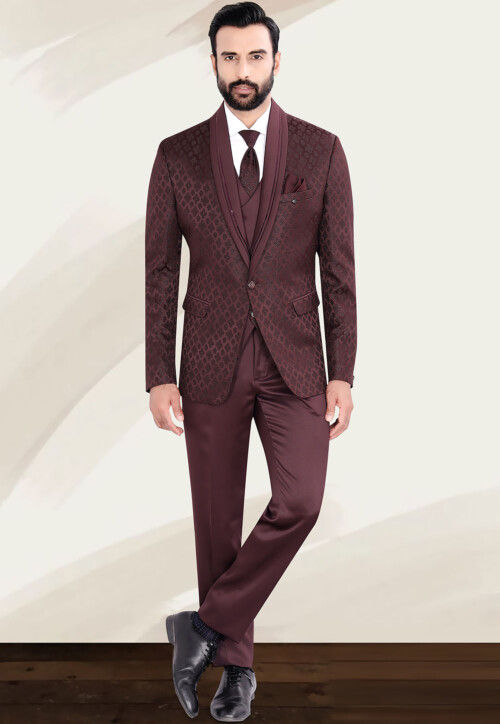 Woven Terry Rayon Jacquard Suit Set in Maroon