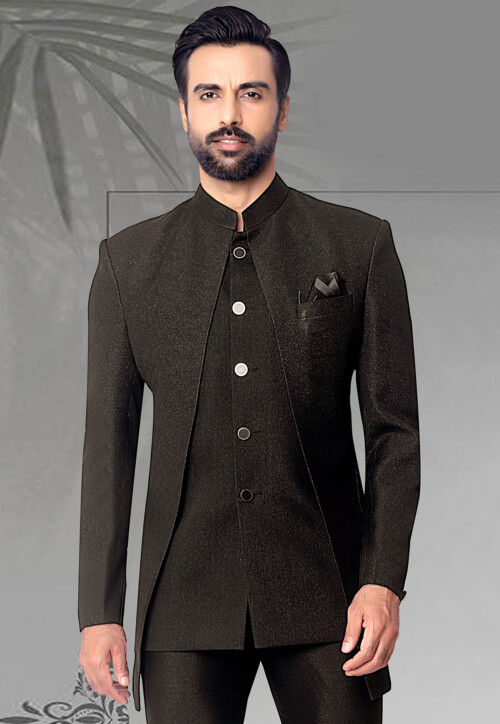 Woven Terry Rayon Jodhpuri Jacket in Black