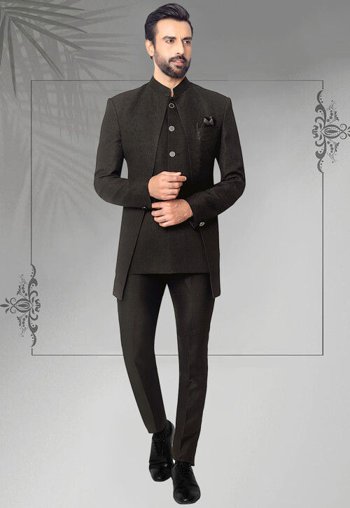 Woven Terry Rayon Jodhpuri Jacket in Black