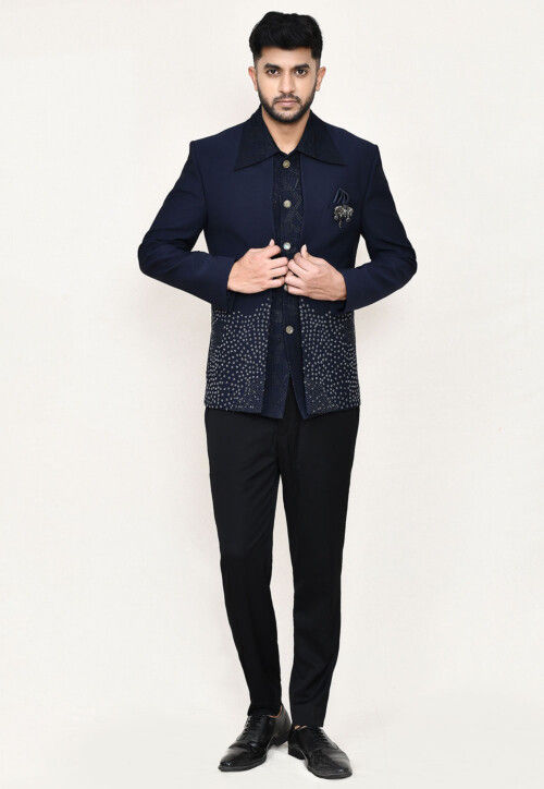 Woven Terry Rayon Jodhpuri Suit in Navy Blue