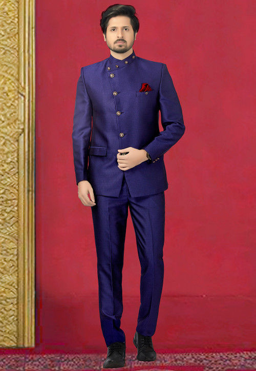 Woven Terry Rayon Jodhpuri Suit in Royal Blue