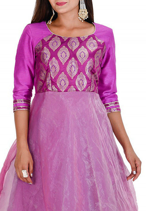 Woven Tissue Abaya Style Suit in Purple and Pink