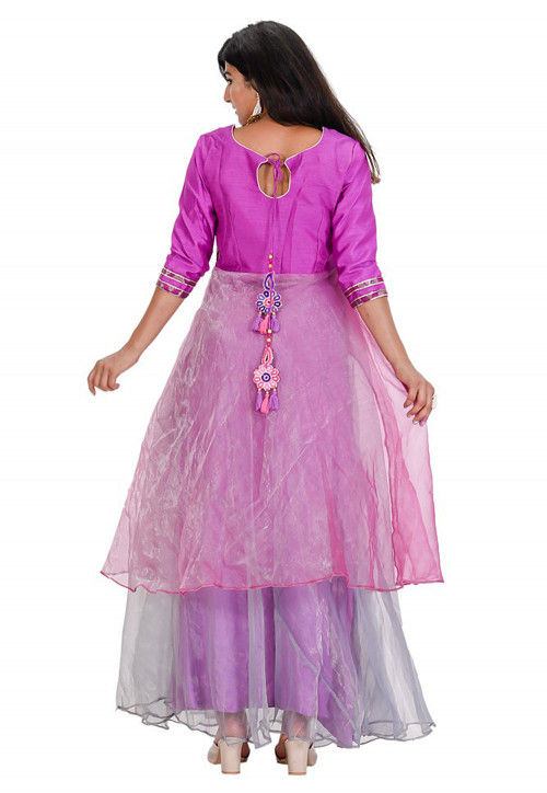 Woven Tissue Abaya Style Suit in Purple and Pink