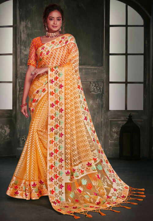 Platinum Yellow Brasso Saree at 3099.00 INR in Surat | Kimora Fashion  Private Limited