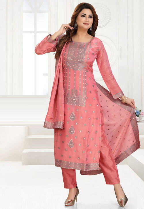 Woven Tissue Pakistani Suit in Peach