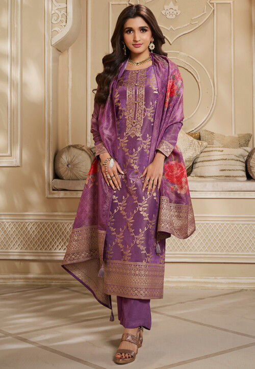Woven Tissue Pakistani Suit in Purple