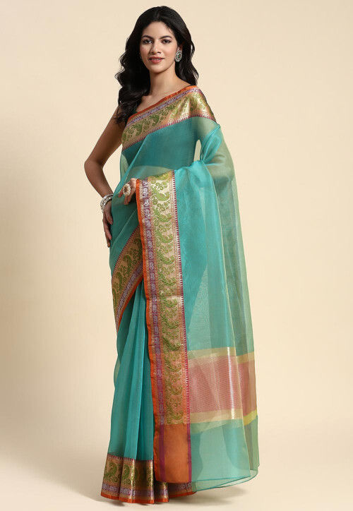 Woven Tissue Saree in Sea Green