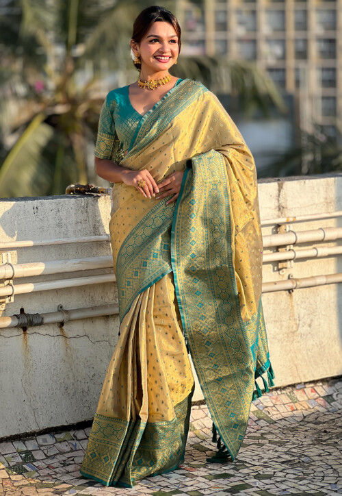 Woven Tissue Silk Saree in Beige