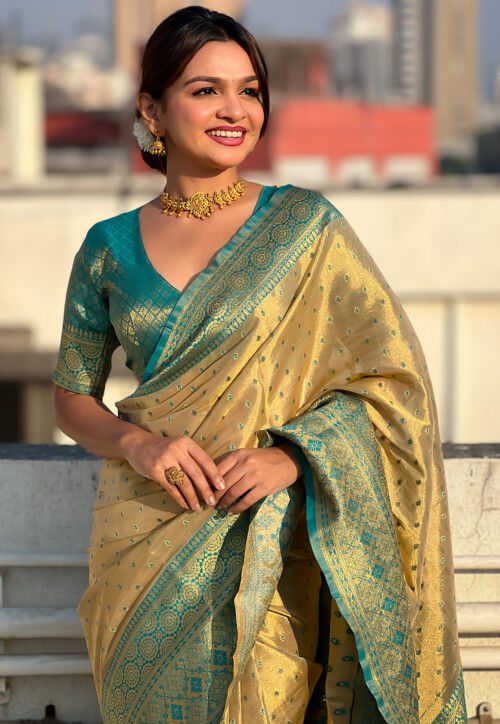 Woven Tissue Silk Saree in Beige