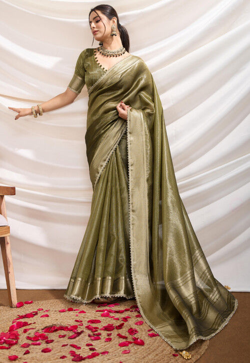 Woven Tissue Silk Saree in Olive Green