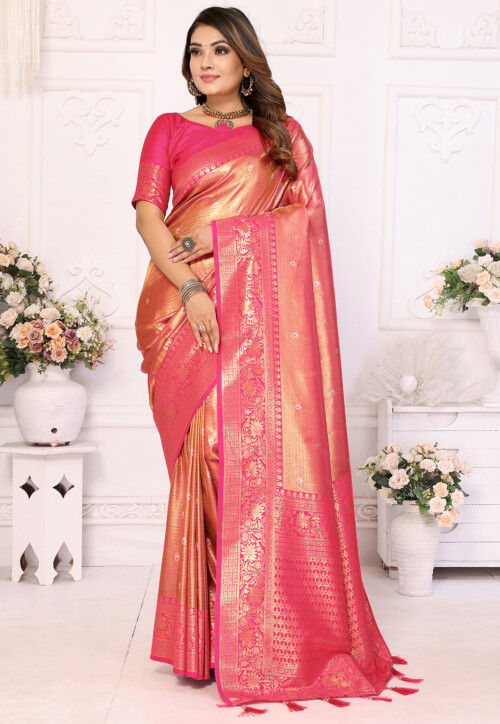 Woven Tissue Silk Saree in Peach