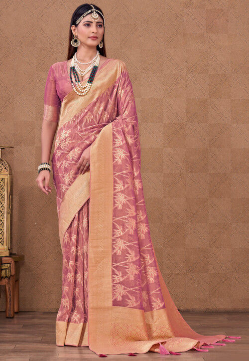 Woven Tissue Silk Saree in Pink