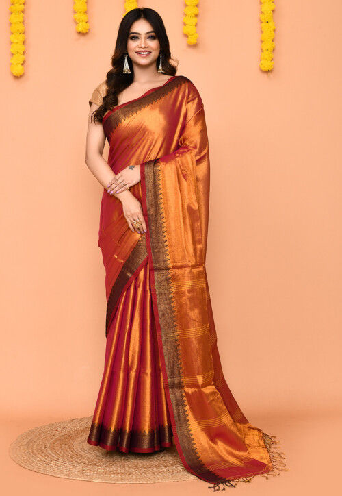 Woven Tissue Silk Saree in Rust