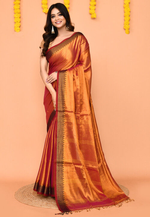 Woven Tissue Silk Saree in Rust