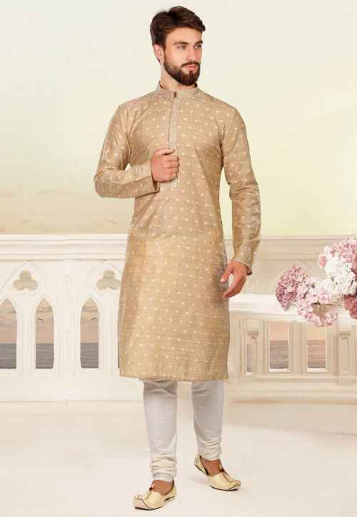 Buy Woven Tussar Silk Jacquard Kurta Set in Beige Online MMS1189 Utsav Fashion