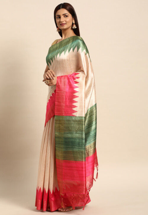 Woven Tussar Silk Saree in Beige