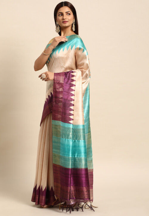 Woven Tussar Silk Saree in Beige