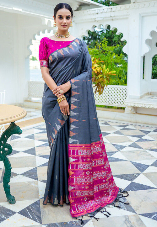 Woven Tussar Silk Saree in Grey