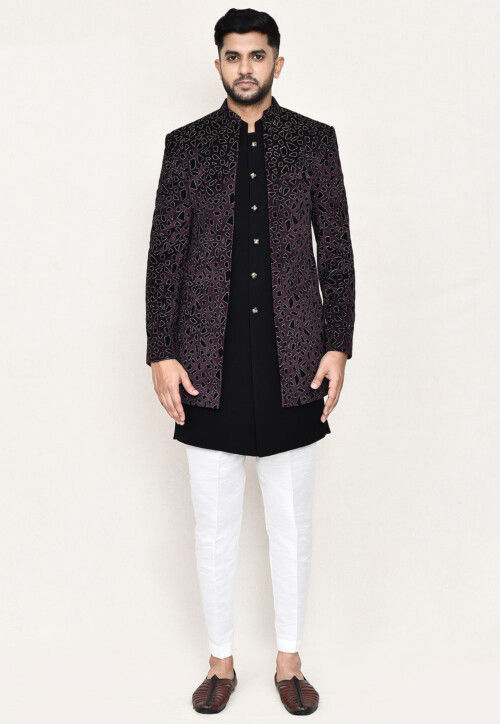 Woven Velvet Sherwani in Black and Purple