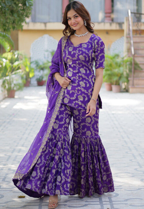 Woven Viscose Georgette Jacquard Pakistani Suit in Purple