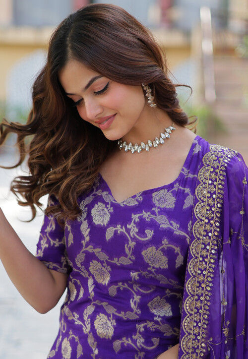 Woven Viscose Georgette Jacquard Pakistani Suit in Purple