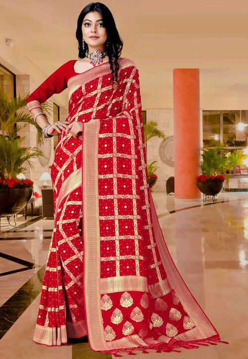 Woven Viscose Georgette Saree in Red
