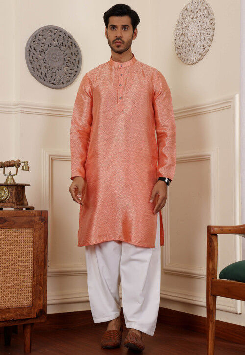 Woven Viscose Jacquard Kurta Set in Orange