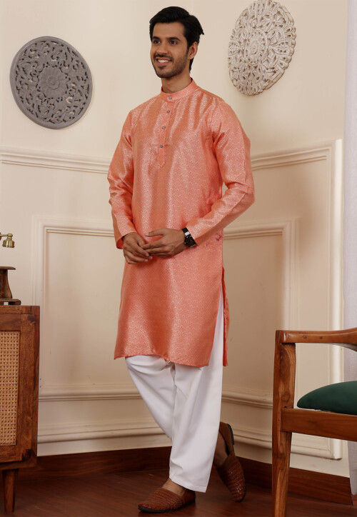 Woven Viscose Jacquard Kurta Set in Orange