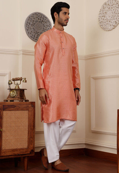 Woven Viscose Jacquard Kurta Set in Orange