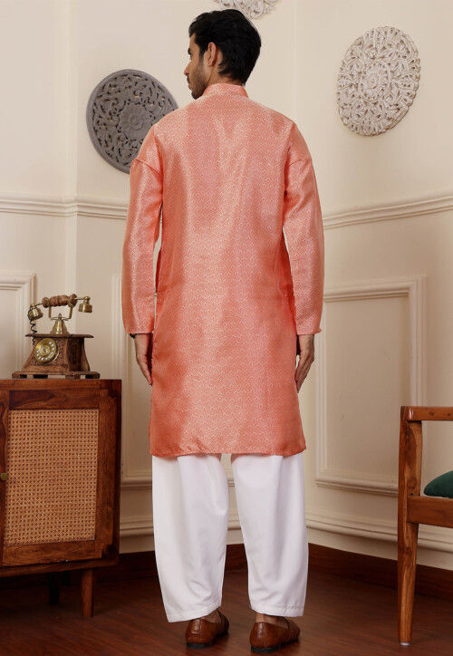 Woven Viscose Jacquard Kurta Set in Orange