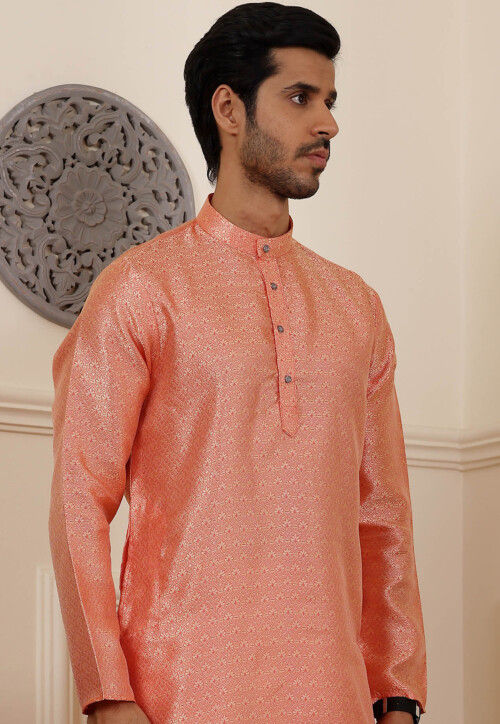 Woven Viscose Jacquard Kurta Set in Orange