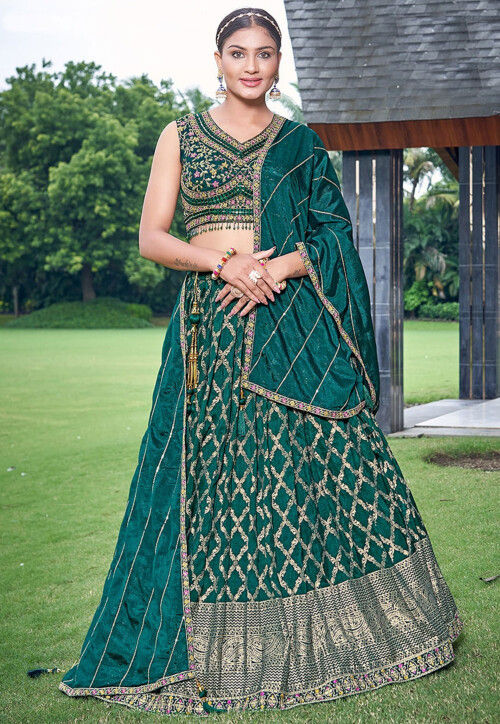 Woven Viscose Silk Jacquard Lehenga in Teal Blue