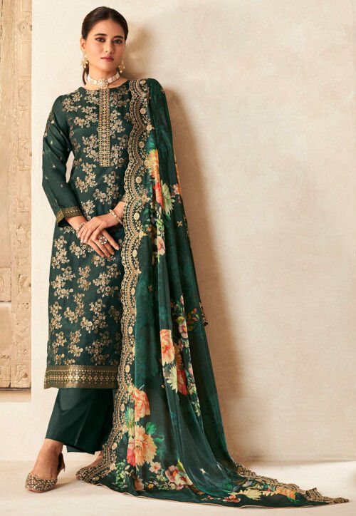 Woven Viscose Silk Pakistani Suit in Dark Green