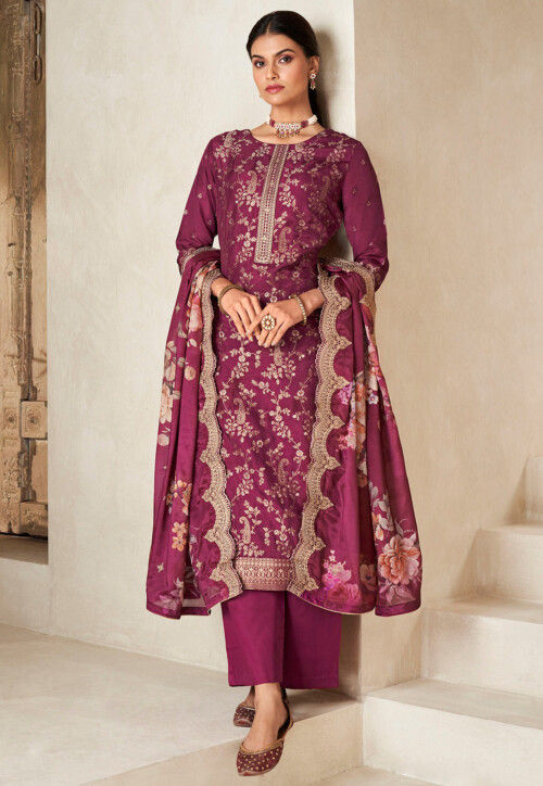 Woven Viscose Silk Pakistani Suit in Magenta