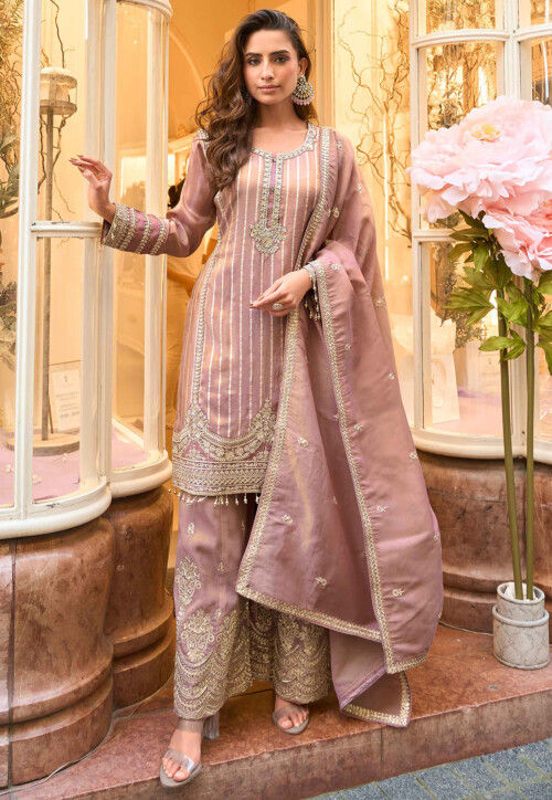 Woven Viscose Silk Pakistani Suit in Old Rose