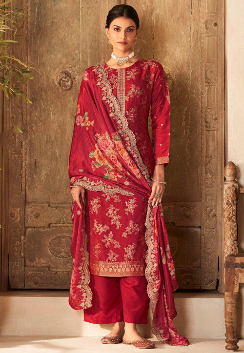 Woven Viscose Silk Pakistani Suit in Red