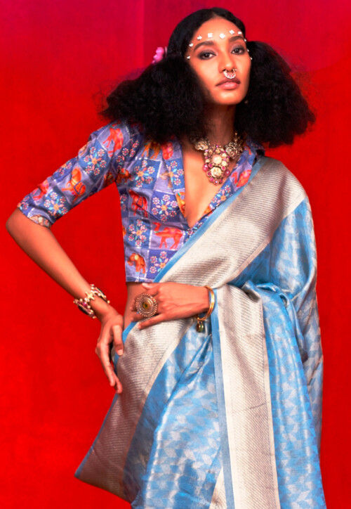 Woven Viscose Silk Saree in Blue