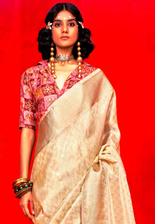 Woven Viscose Silk Saree in Cream