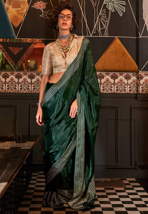 Woven Viscose Silk Saree in Dark Green