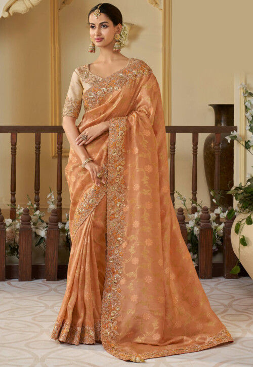 Woven Viscose Tissue Jacquard Scalloped Saree in Orange